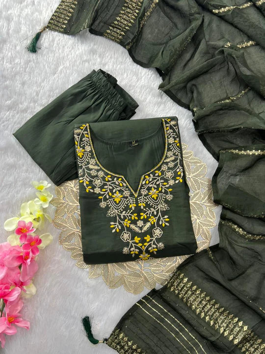 Ravishing Wedding Wear Mahendi Green Colour Roman Silk Embroidery n Sequence Work Designer Straight Kurta With Trouser n Dupatta Set
