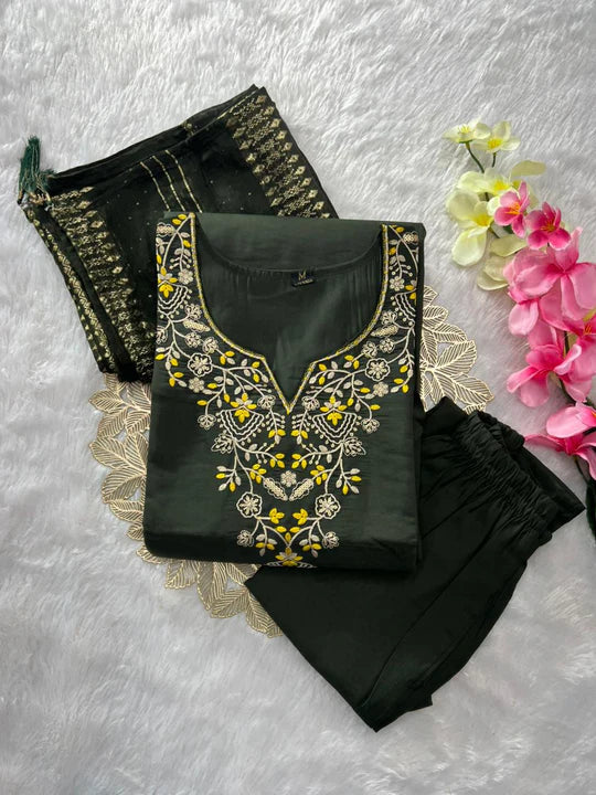 Ravishing Wedding Wear Mahendi Green Colour Roman Silk Embroidery n Sequence Work Designer Straight Kurta With Trouser n Dupatta Set