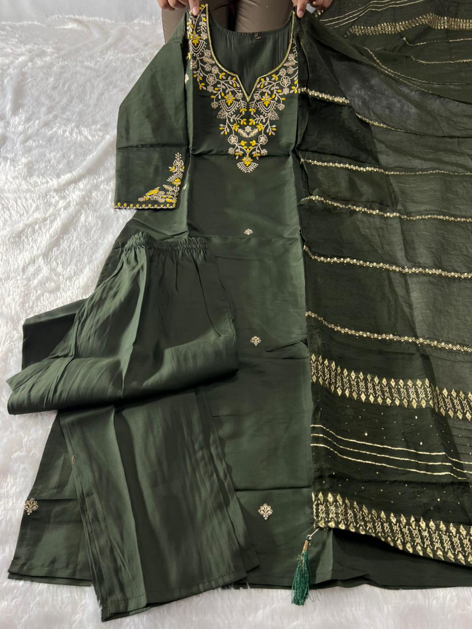 Ravishing Wedding Wear Mahendi Green Colour Roman Silk Embroidery n Sequence Work Designer Straight Kurta With Trouser n Dupatta Set