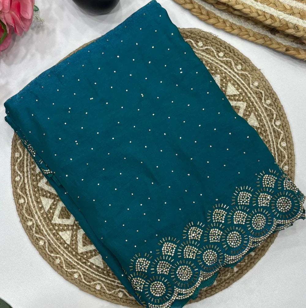 Space Silk Saree with Original Jarkhan Diamond Work Saree
