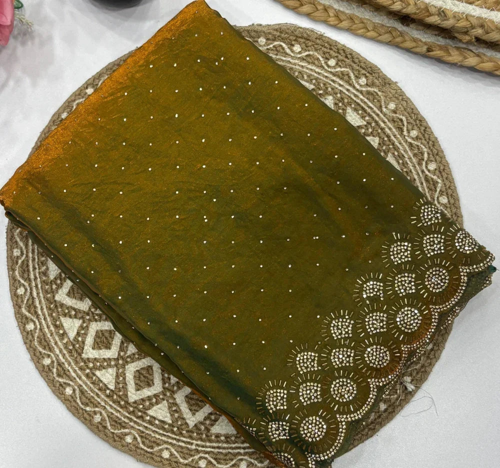 Space Silk Saree with Original Jarkhan Diamond Work Saree