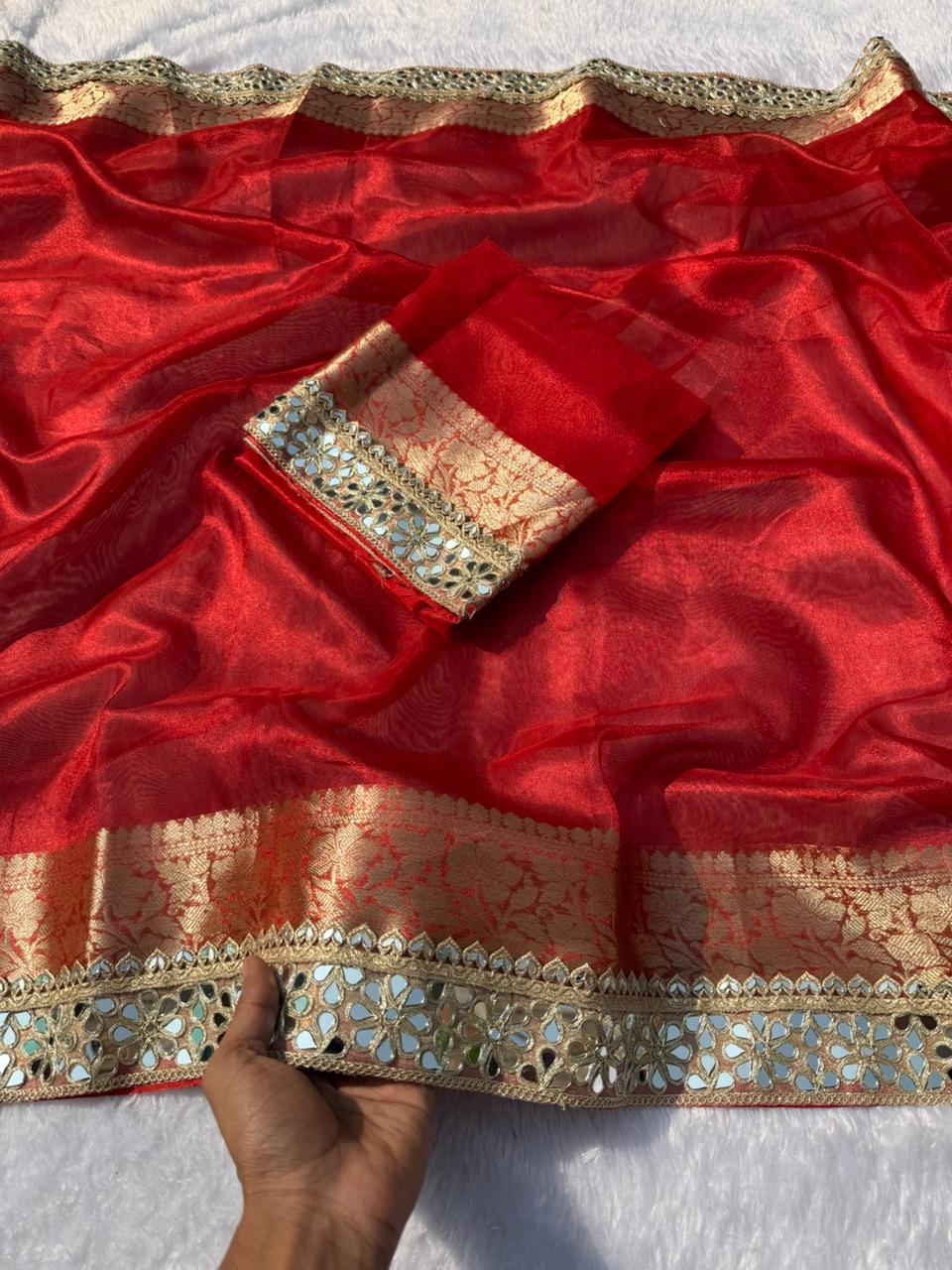 Gorgeous Wedding Wear Banarasi Tissue Silk Jacquard n Heavy Mirror Lace Work Fancy Designer Saree