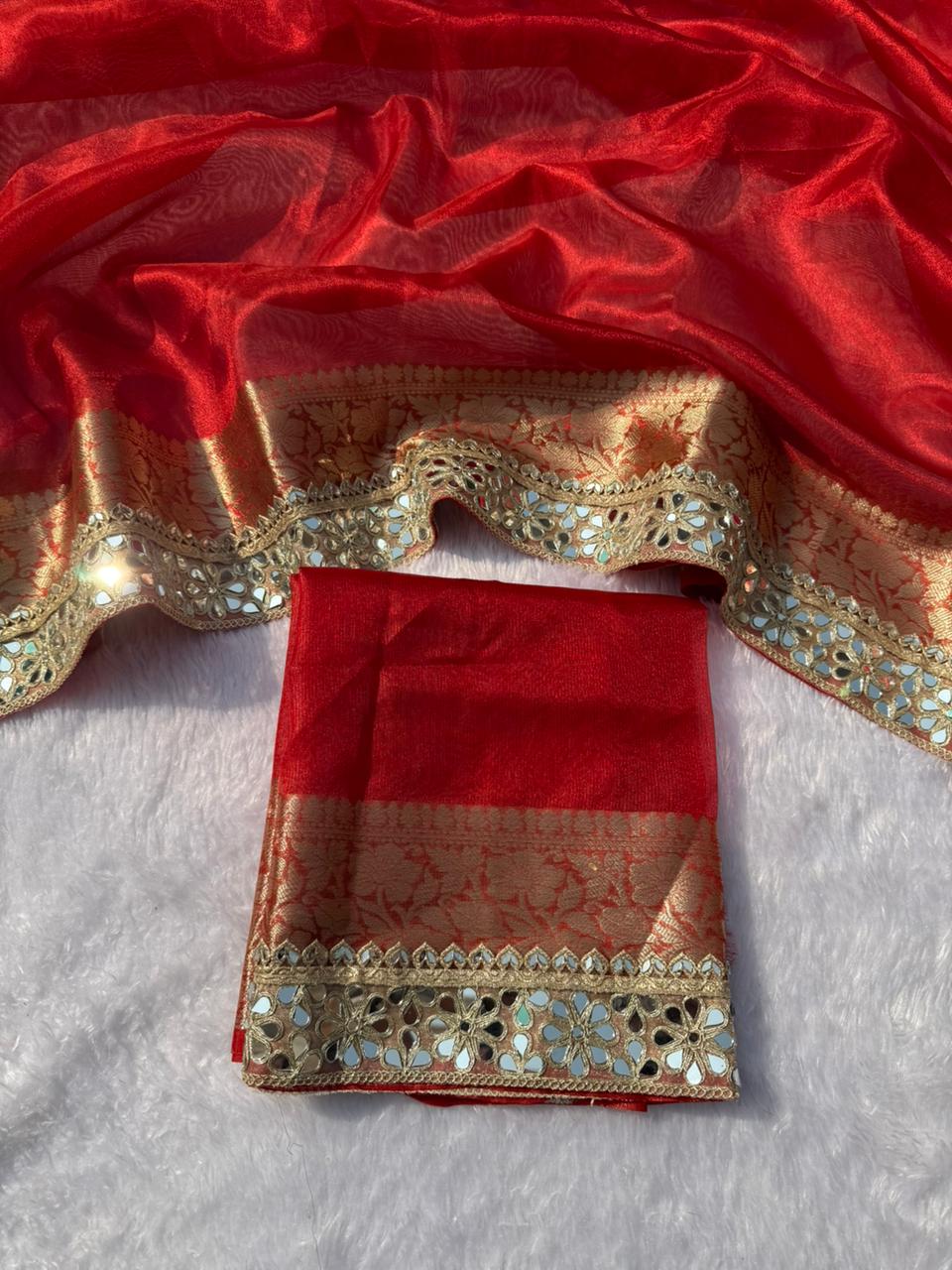 Gorgeous Wedding Wear Banarasi Tissue Silk Jacquard n Heavy Mirror Lace Work Fancy Designer Saree