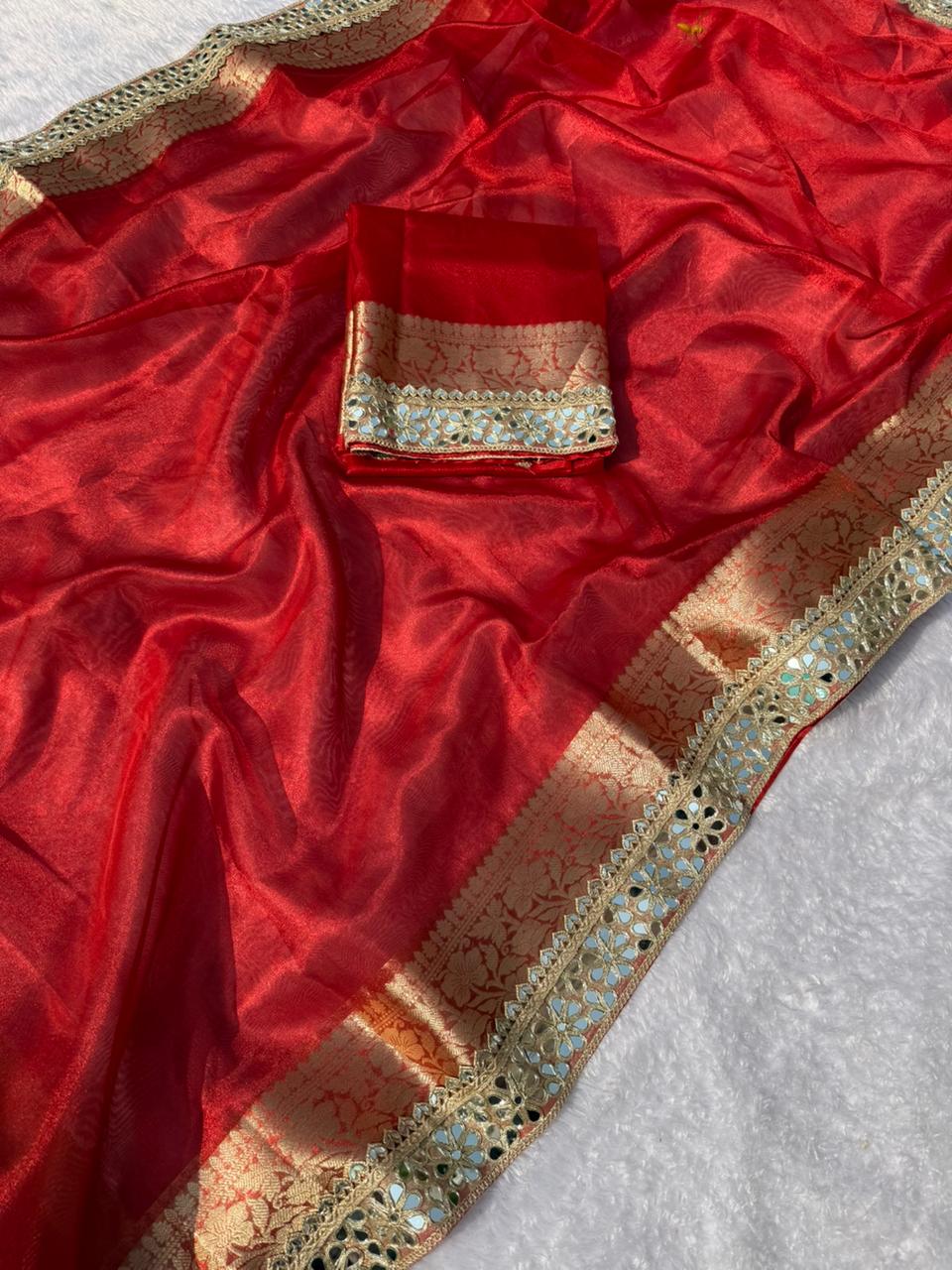 Gorgeous Wedding Wear Banarasi Tissue Silk Jacquard n Heavy Mirror Lace Work Fancy Designer Saree