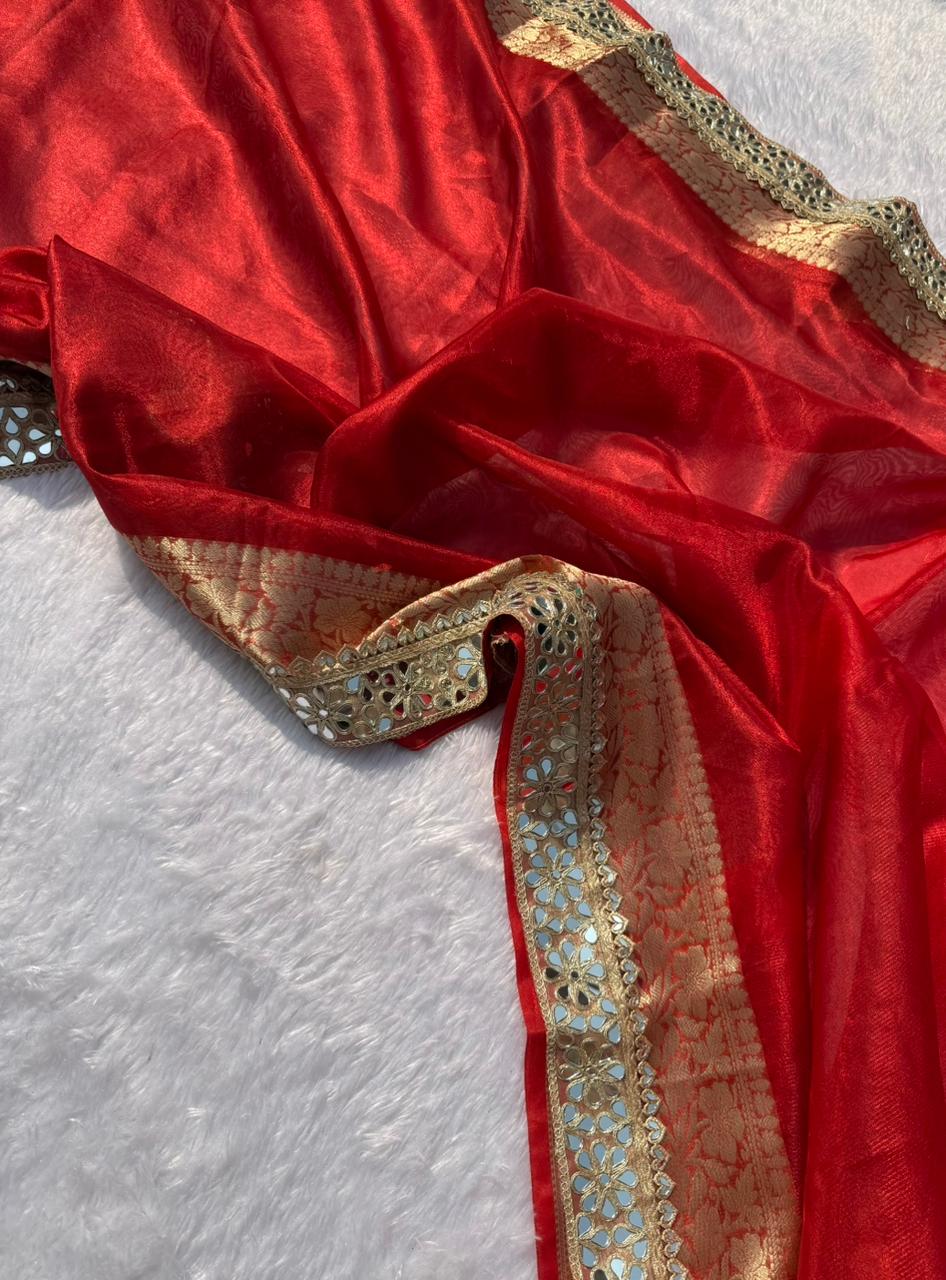 Gorgeous Wedding Wear Banarasi Tissue Silk Jacquard n Heavy Mirror Lace Work Fancy Designer Saree