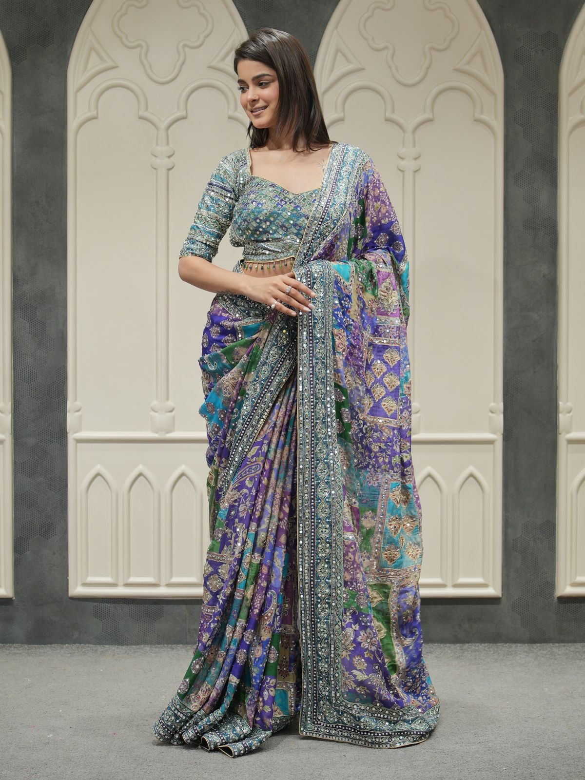 Designer Soft Chinnon Saree with Gold Zari & Real Mirror Work