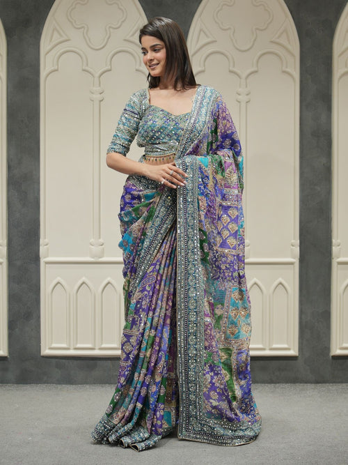 Designer Soft Chinnon Saree with Gold Zari & Real Mirror Work