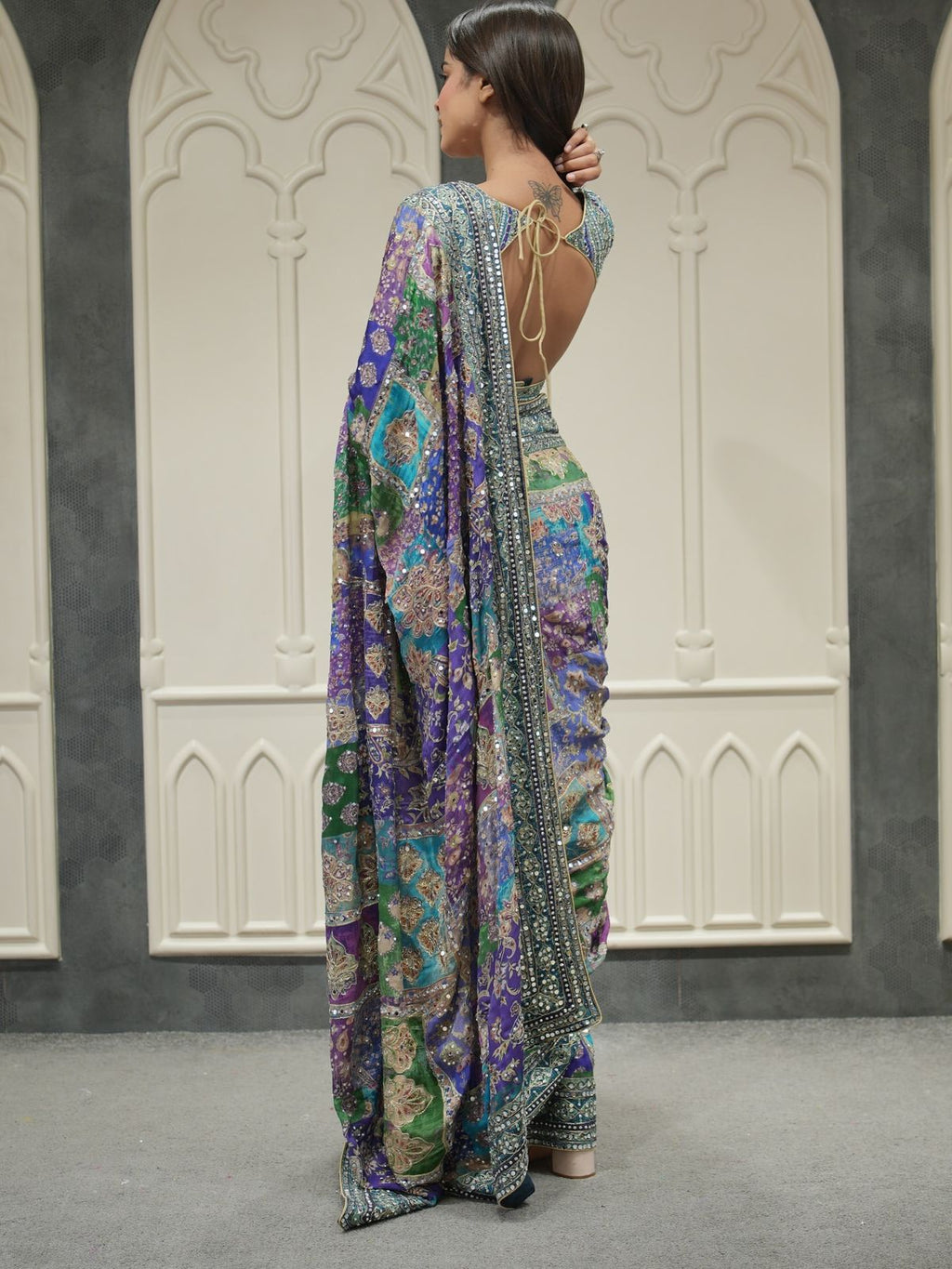 Designer Soft Chinnon Saree with Gold Zari & Real Mirror Work