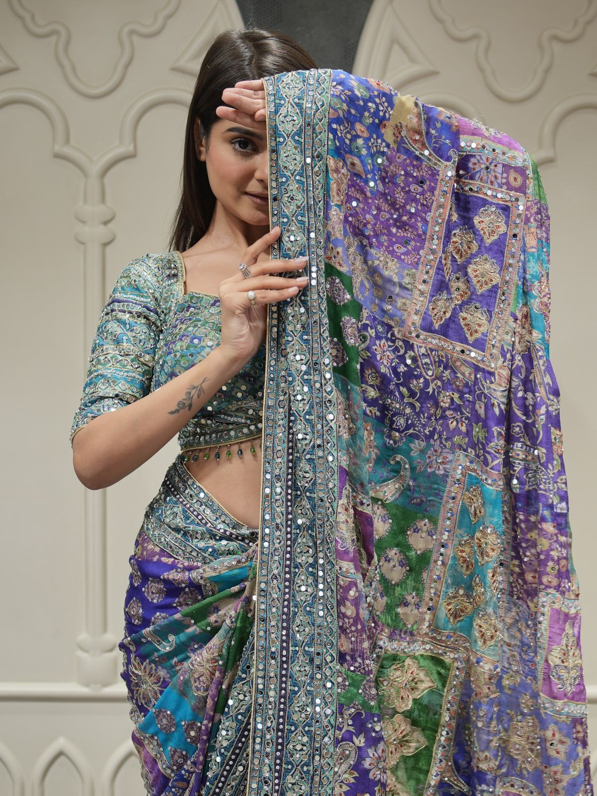 Designer Soft Chinnon Saree with Gold Zari & Real Mirror Work