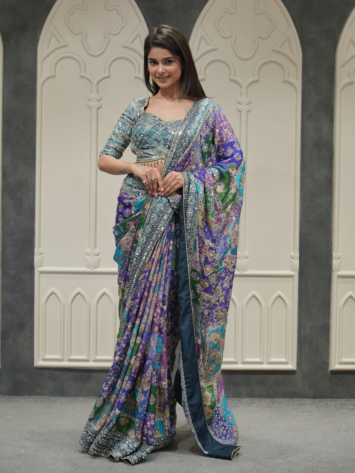 Designer Soft Chinnon Saree with Gold Zari & Real Mirror Work