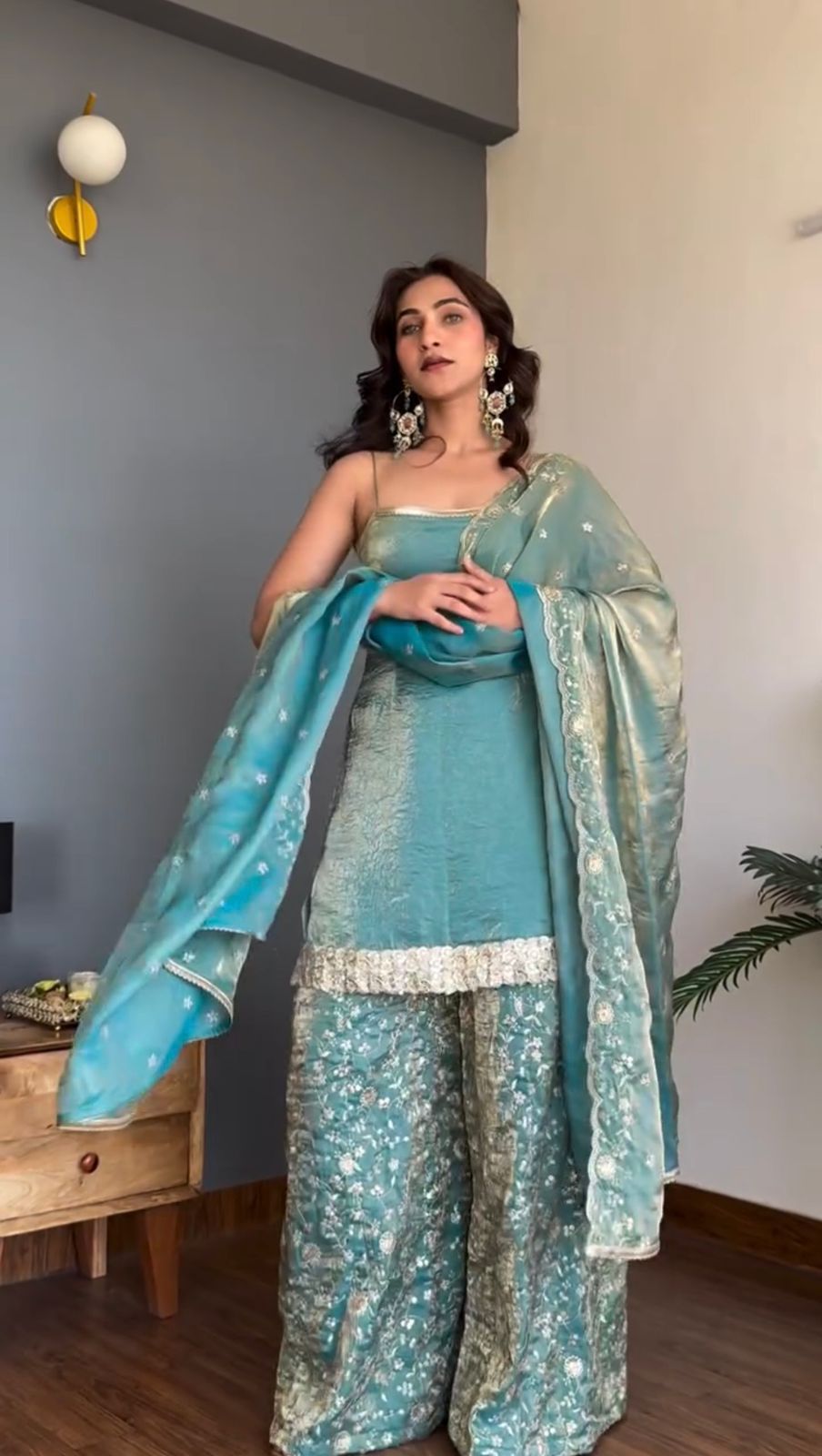 Elegant Fendy Silk Top, Plazo & Dupatta Set with Thread & Sequin Work