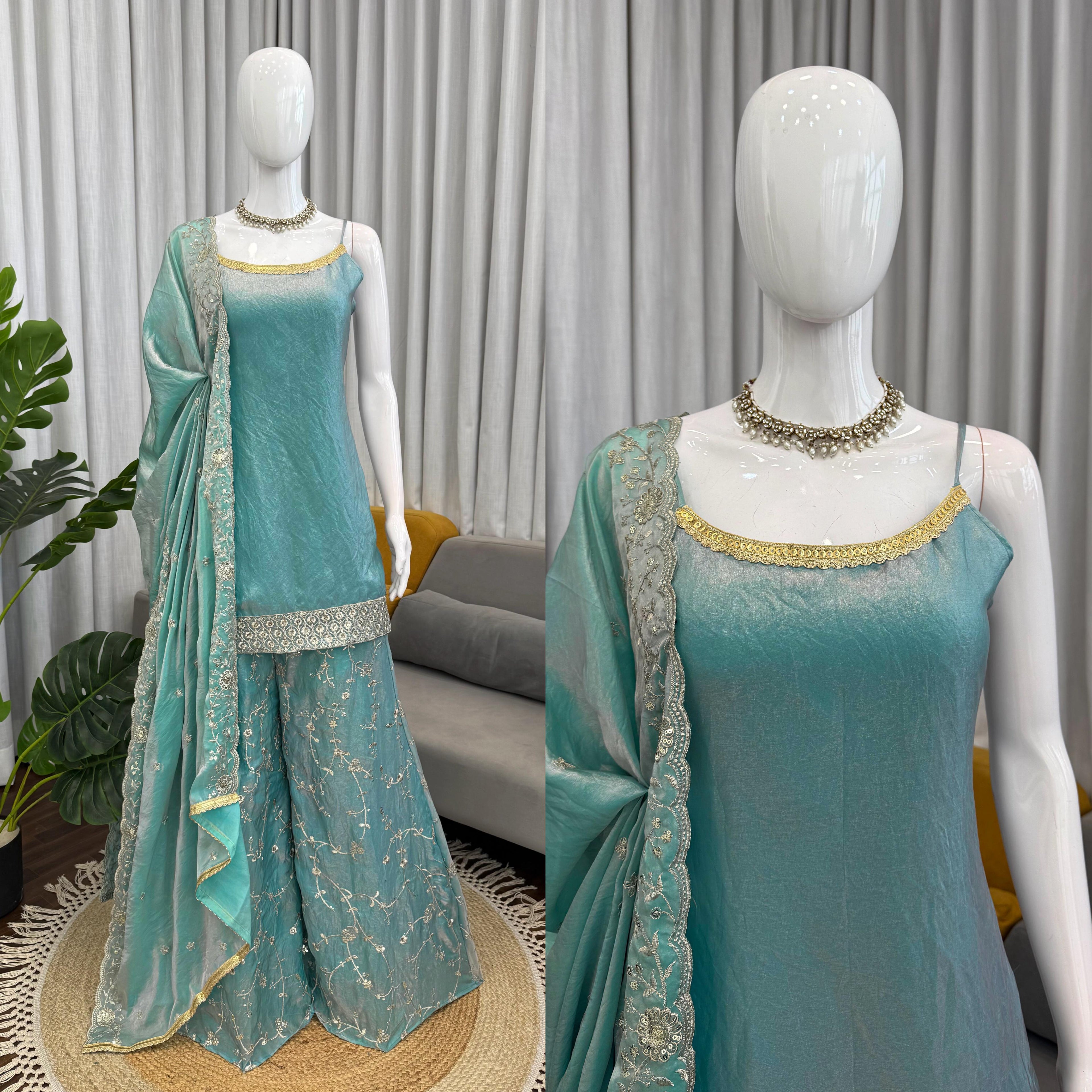 Elegant Fendy Silk Top, Plazo & Dupatta Set with Thread & Sequin Work