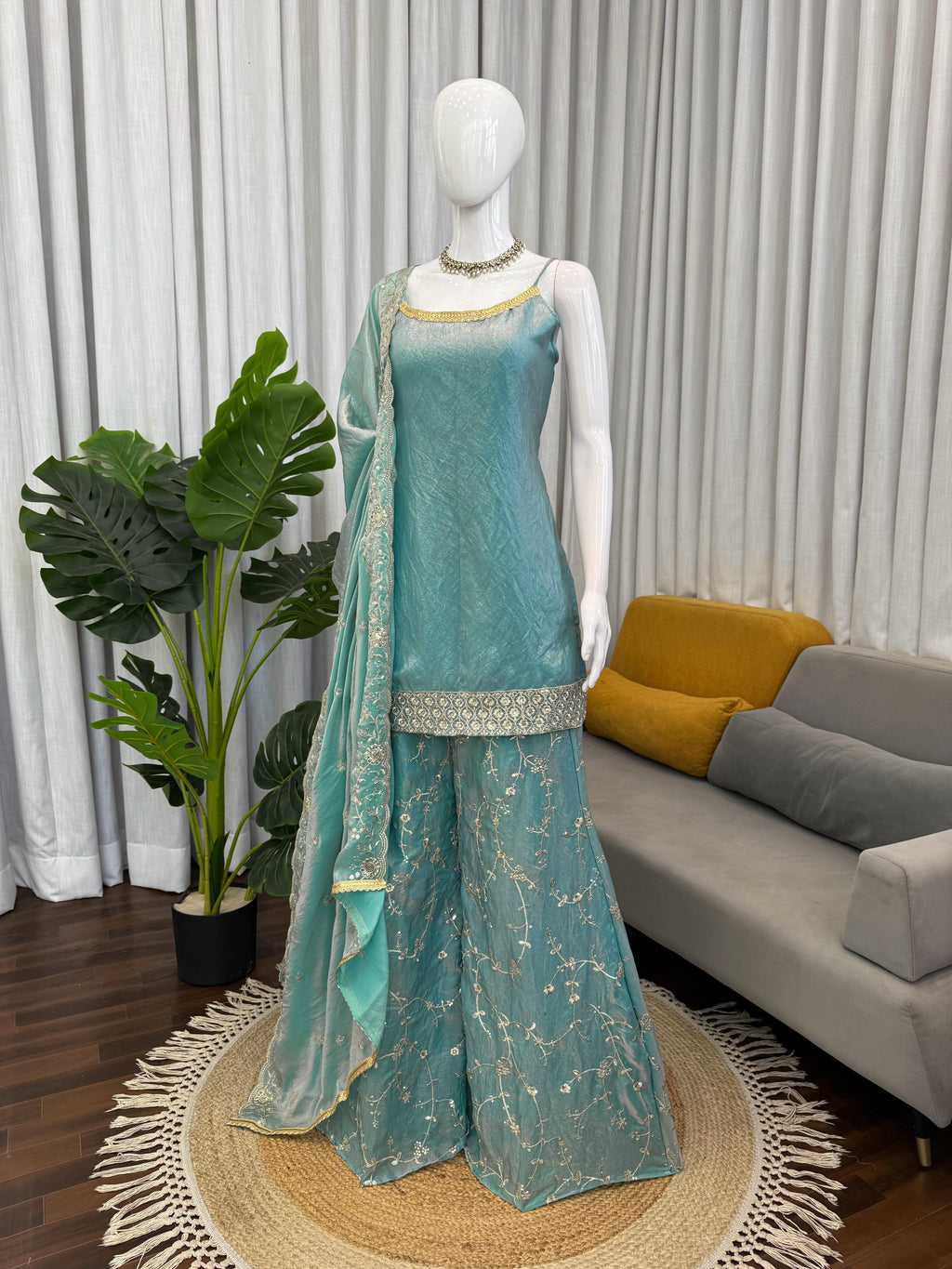 Elegant Fendy Silk Top, Plazo & Dupatta Set with Thread & Sequin Work