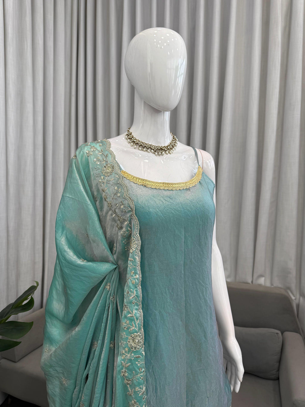 Elegant Fendy Silk Top, Plazo & Dupatta Set with Thread & Sequin Work