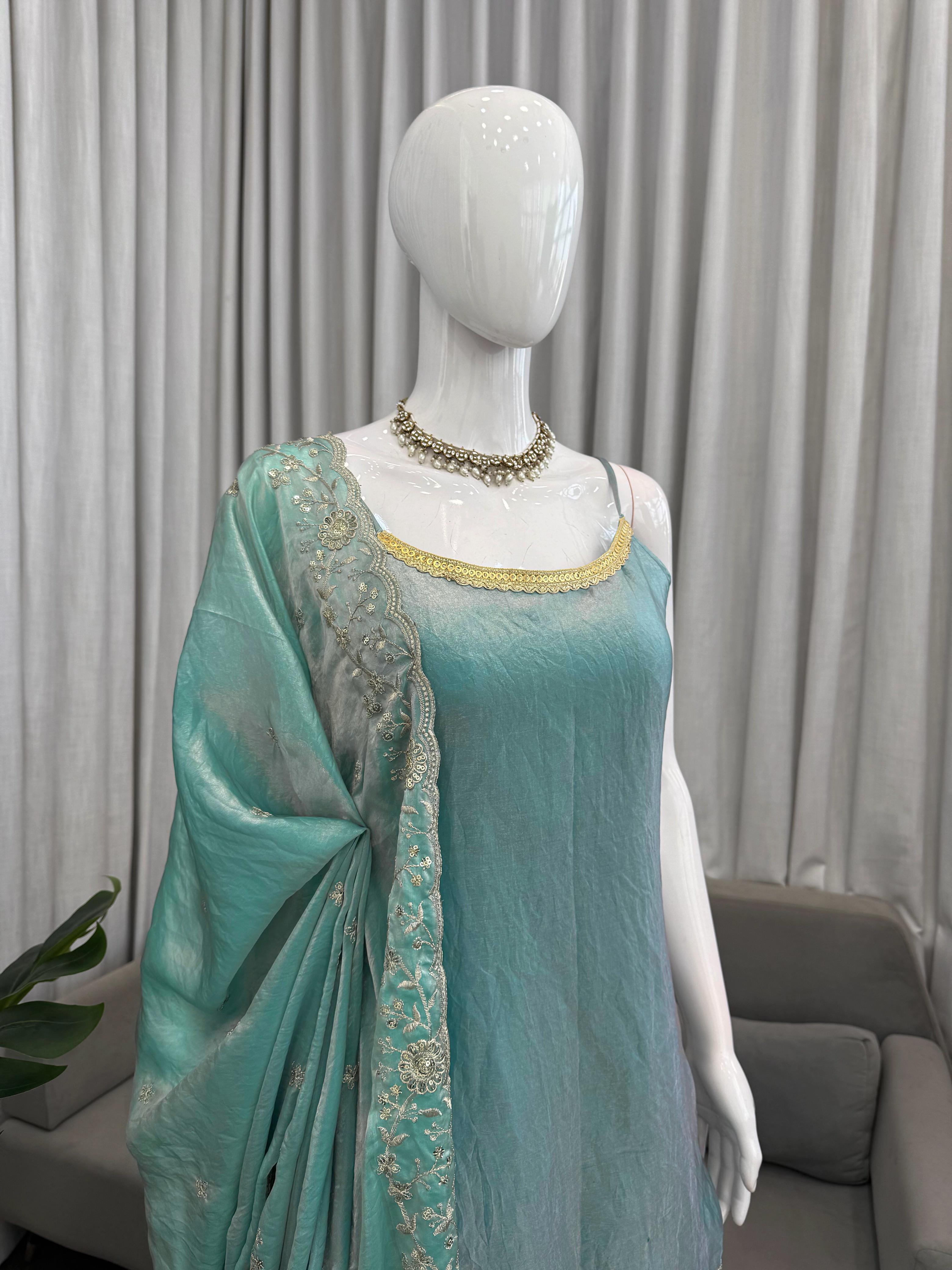Elegant Fendy Silk Top, Plazo & Dupatta Set with Thread & Sequin Work