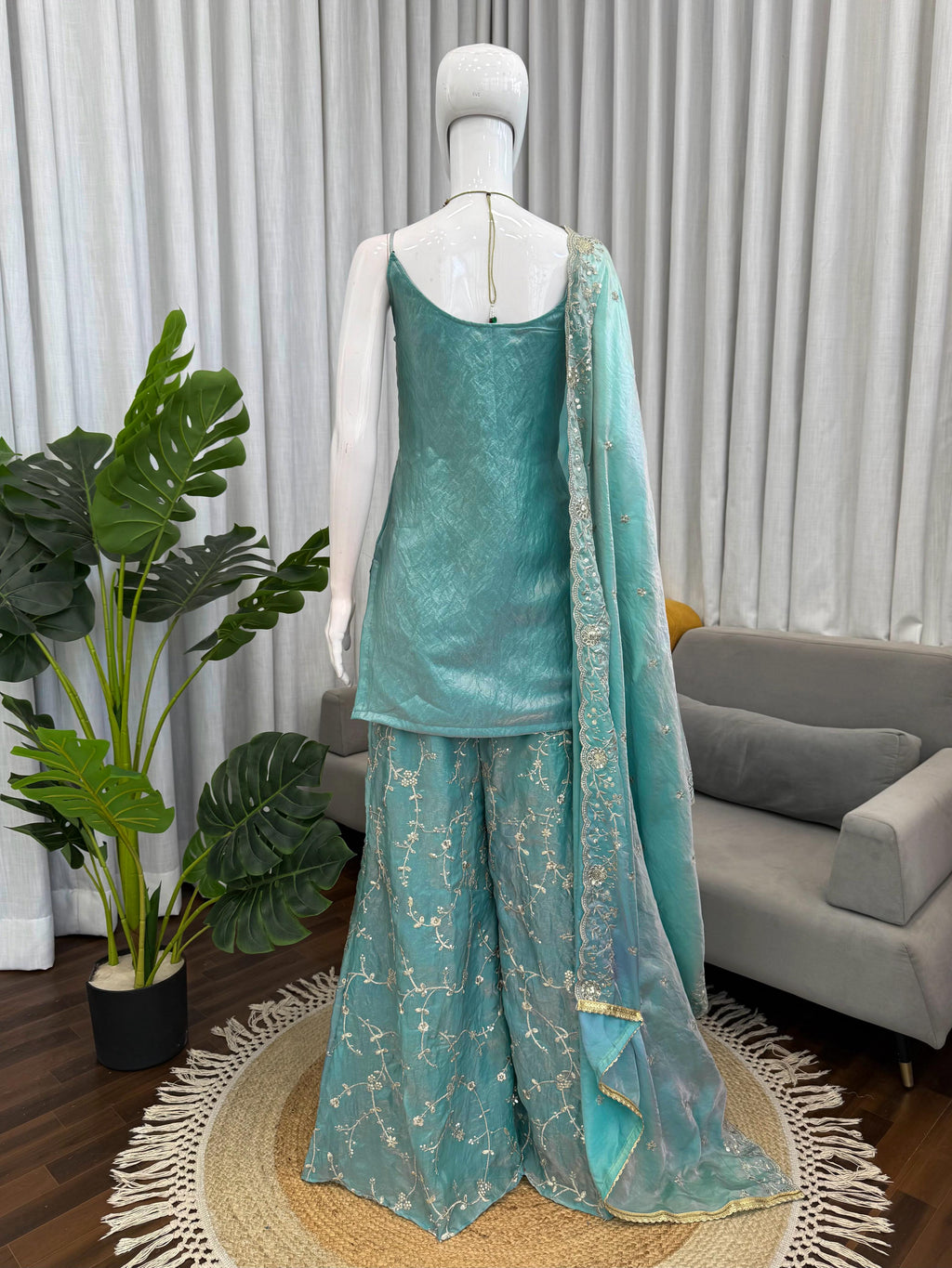 Elegant Fendy Silk Top, Plazo & Dupatta Set with Thread & Sequin Work