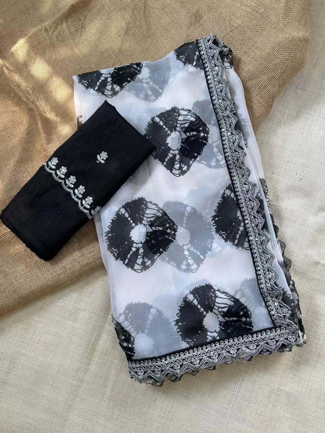 Georgette Saree with Printed & Sequined Lace Border with Matching Blouse