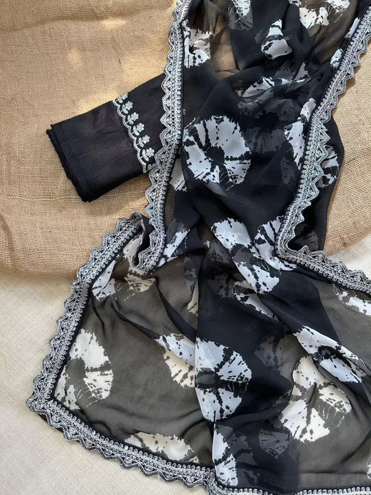 Georgette Saree with Printed & Sequined Lace Border with Matching Blouse