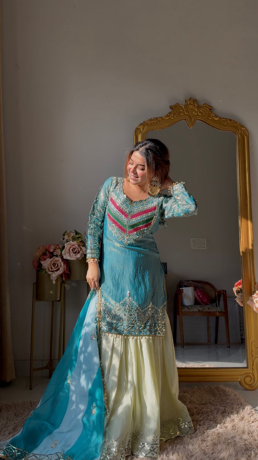 Premium top palazzo set, designed with heavy embroidery and sequins work