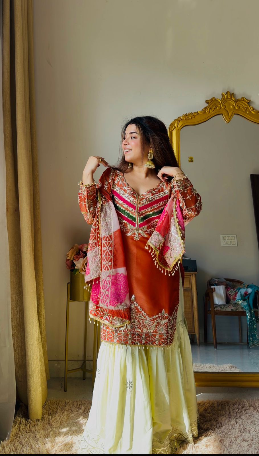 Premium top palazzo set, designed with heavy embroidery and sequins work