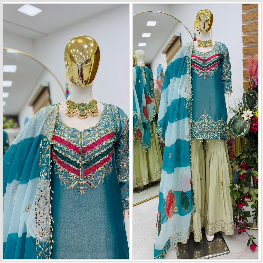 Premium top palazzo set, designed with heavy embroidery and sequins work