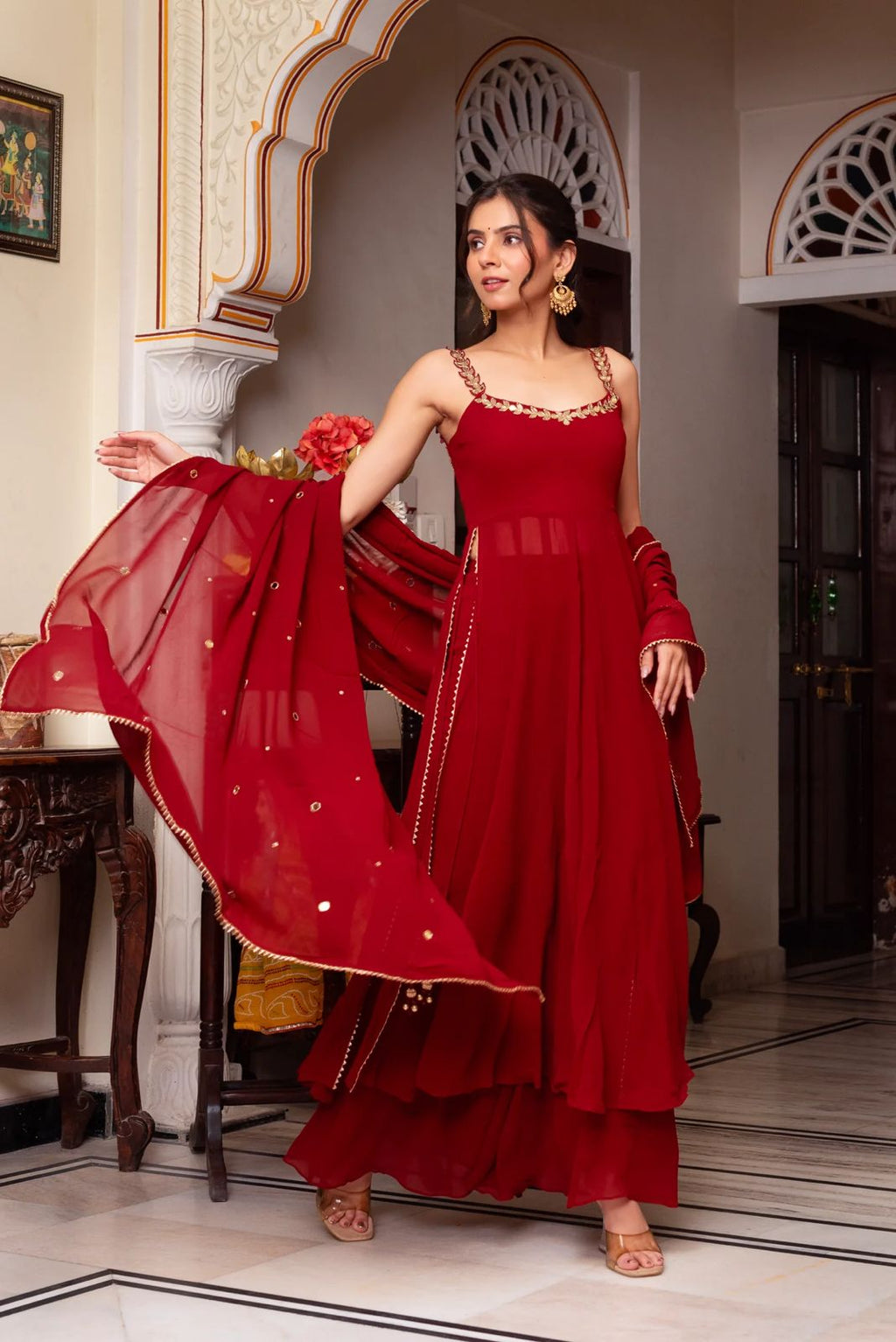 Designer Foux Georgette Top, Plazo & Dupatta Set with Real Mirror Work