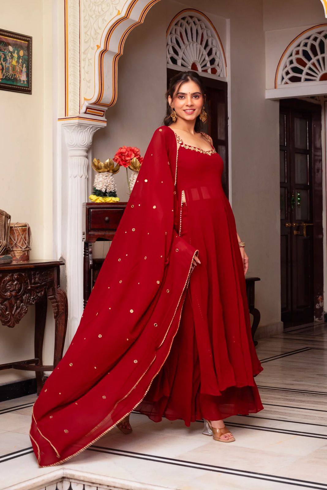 Designer Foux Georgette Top, Plazo & Dupatta Set with Real Mirror Work