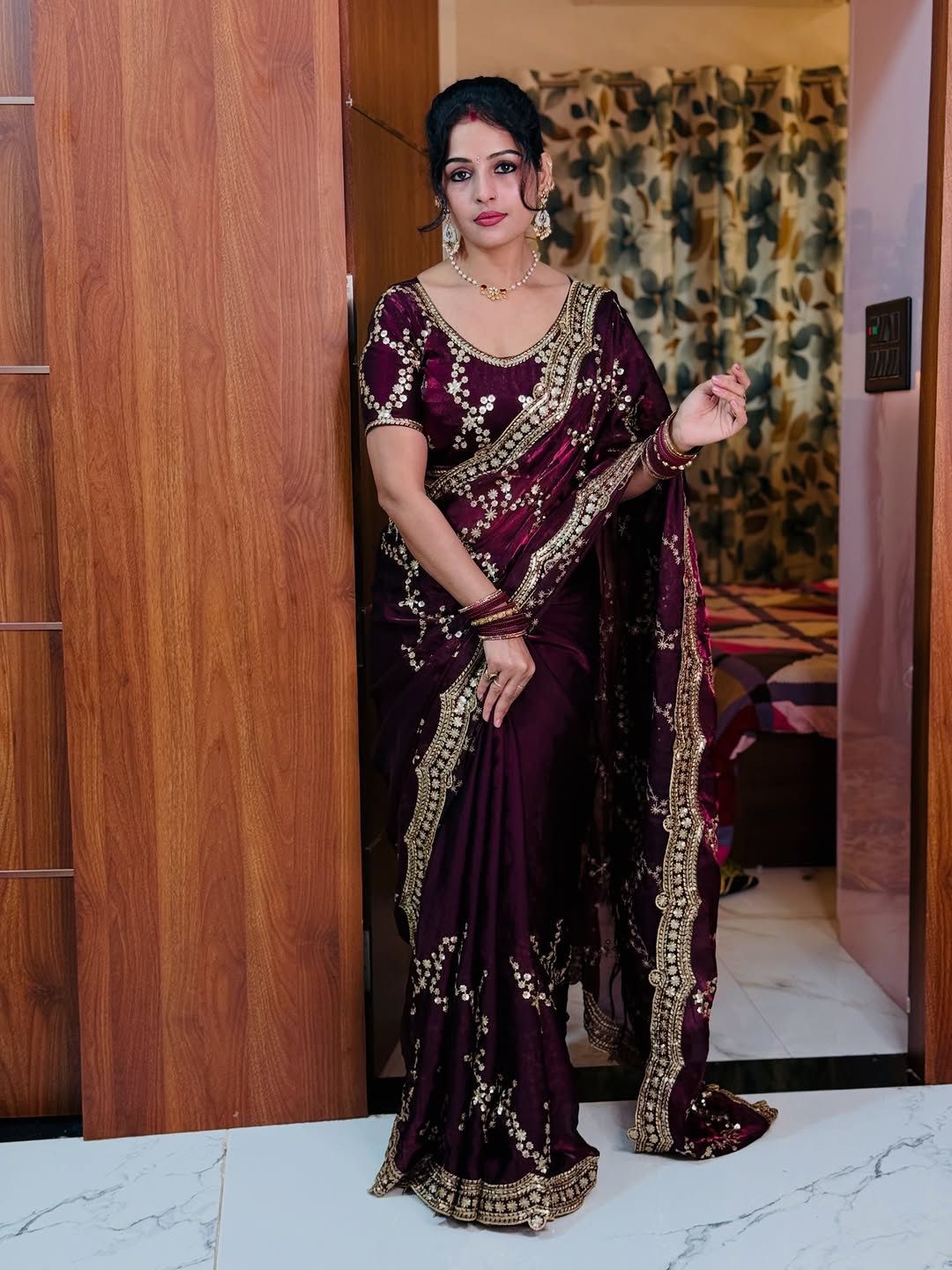 Elegant Soft Space Silk Saree with Sequins Embroidery & Matching Blouse