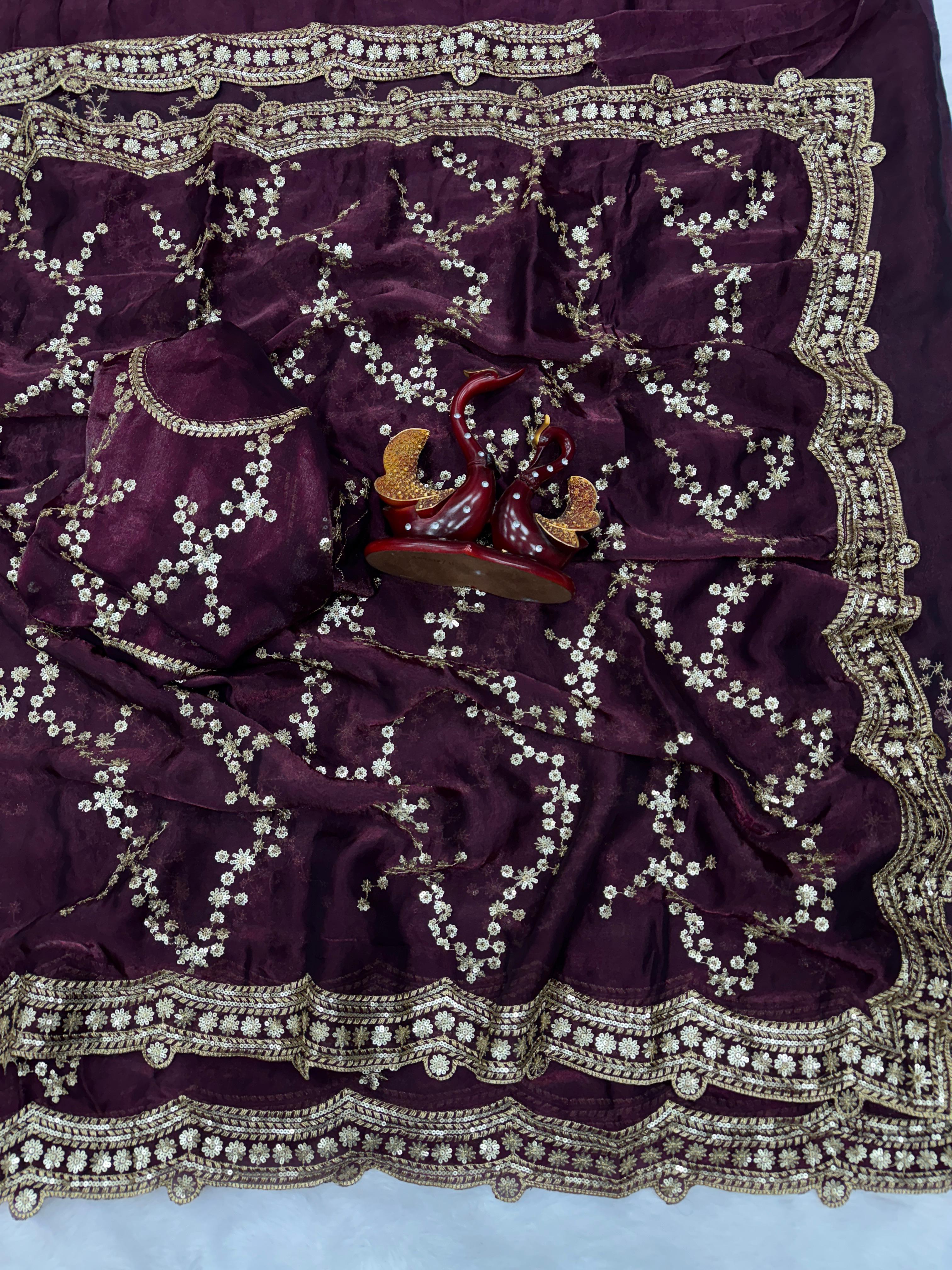 Elegant Soft Space Silk Saree with Sequins Embroidery & Matching Blouse