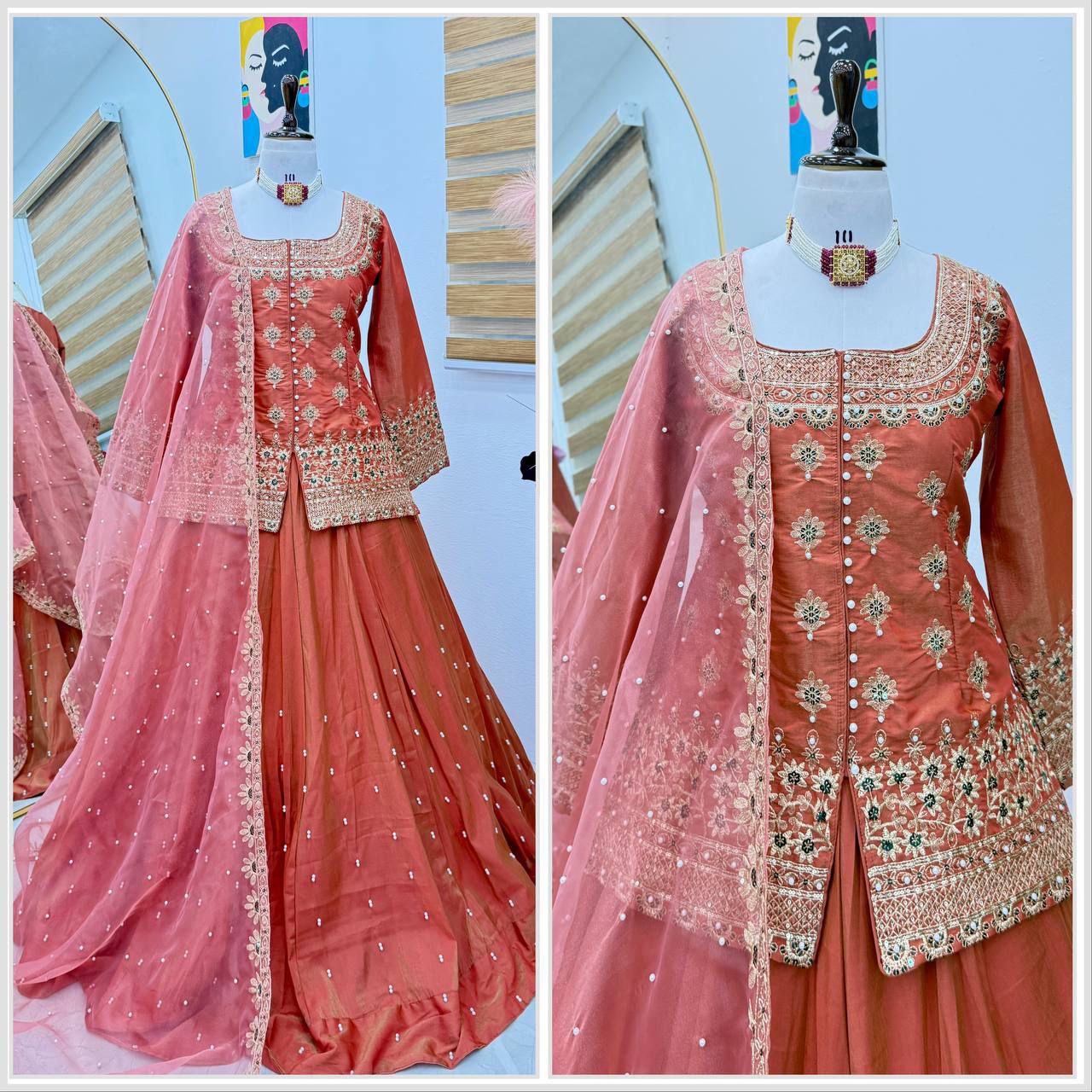 Orange Luxurious Ethnic Lengha Suit Set with Exquisite Embroidery Work