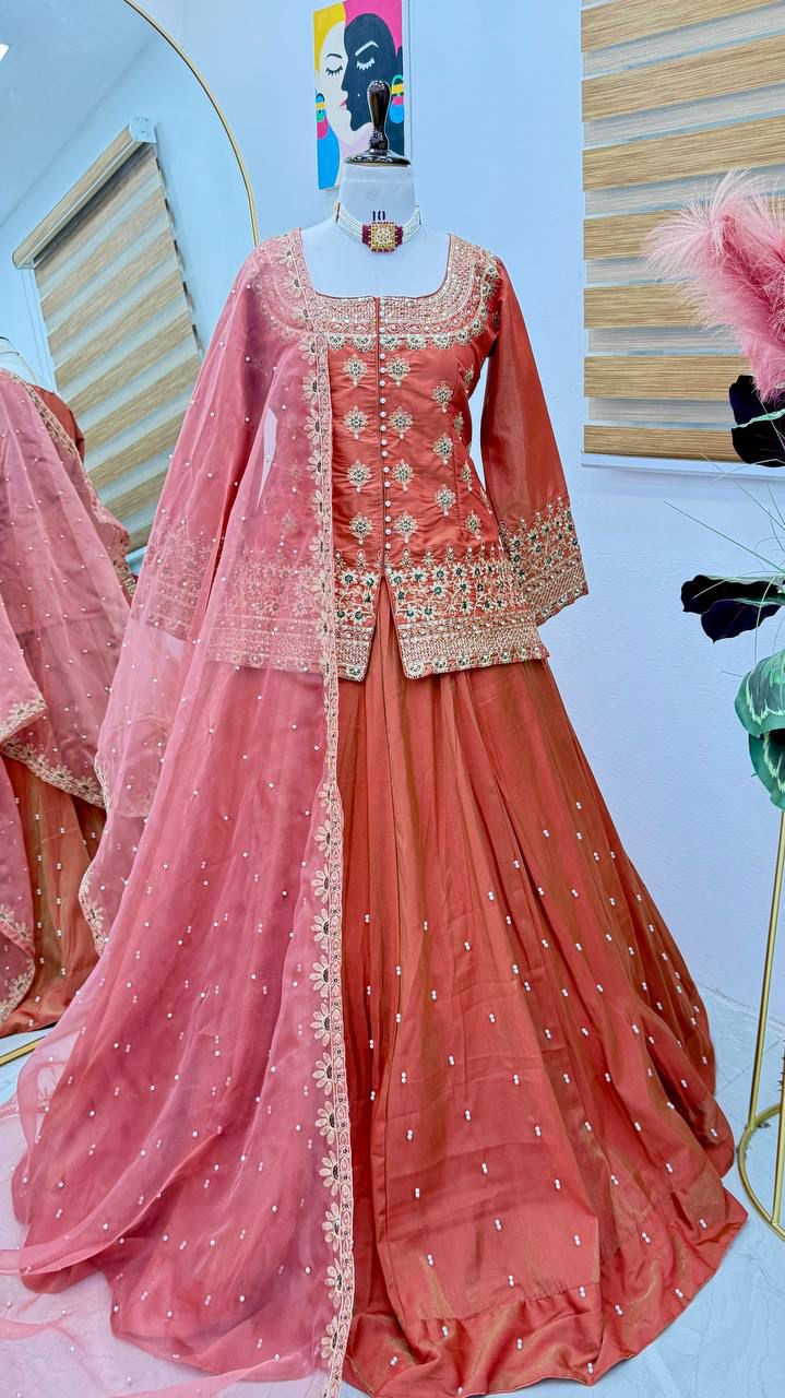 Orange Luxurious Ethnic Lengha Suit Set with Exquisite Embroidery Work