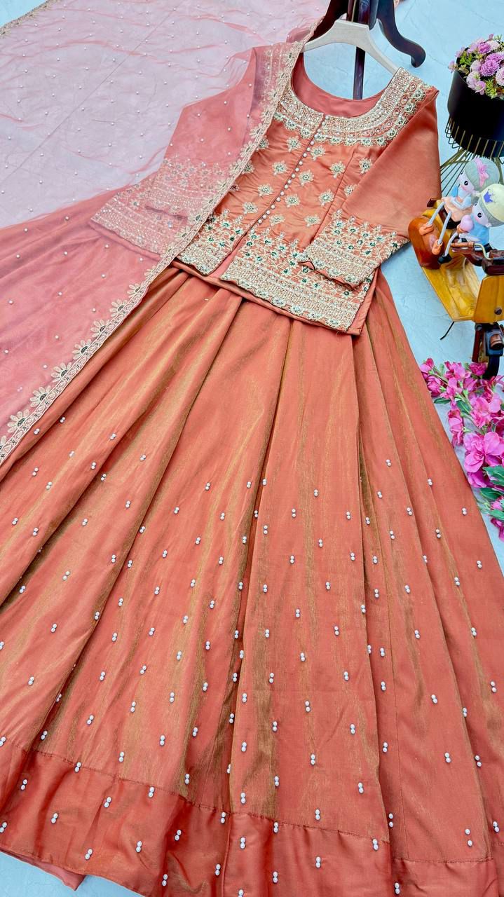 Orange Luxurious Ethnic Lengha Suit Set with Exquisite Embroidery Work