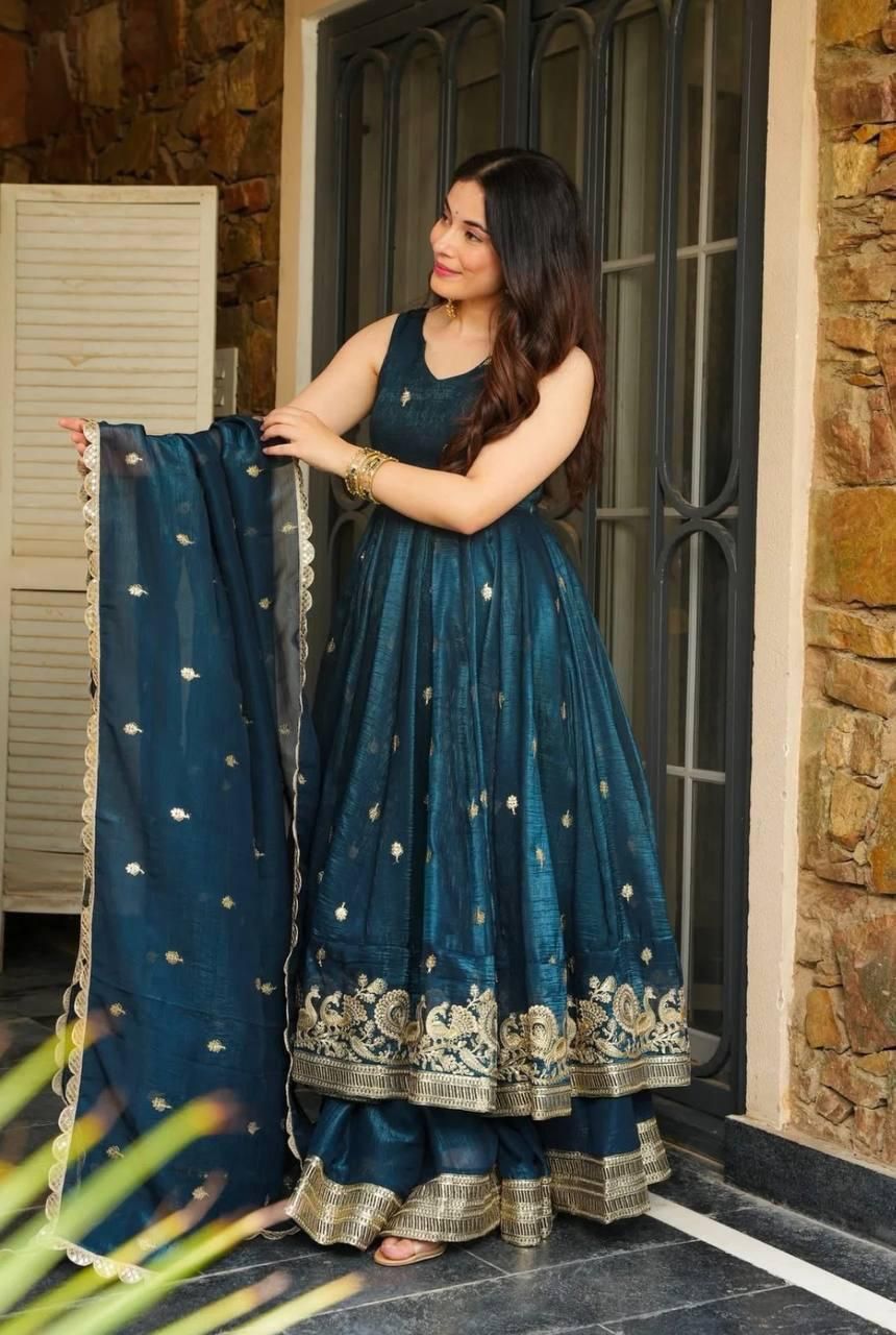 Gold Crazy Embroidered Sequence Sharara Suit Set with Dupatta