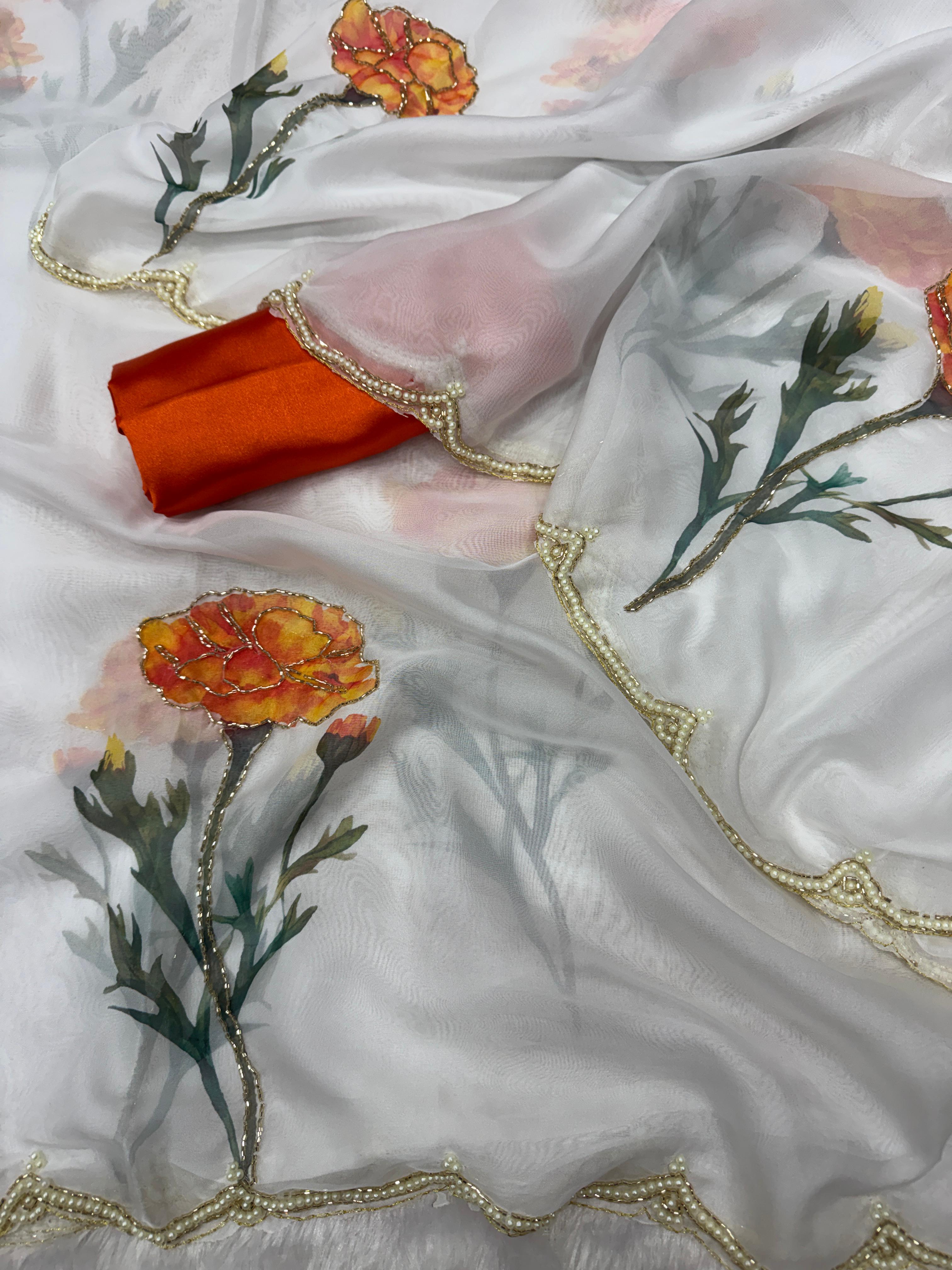 ✨ Elegant Soft Tebby Silk Floral Saree with Beads & Katdana Handwork ✨
