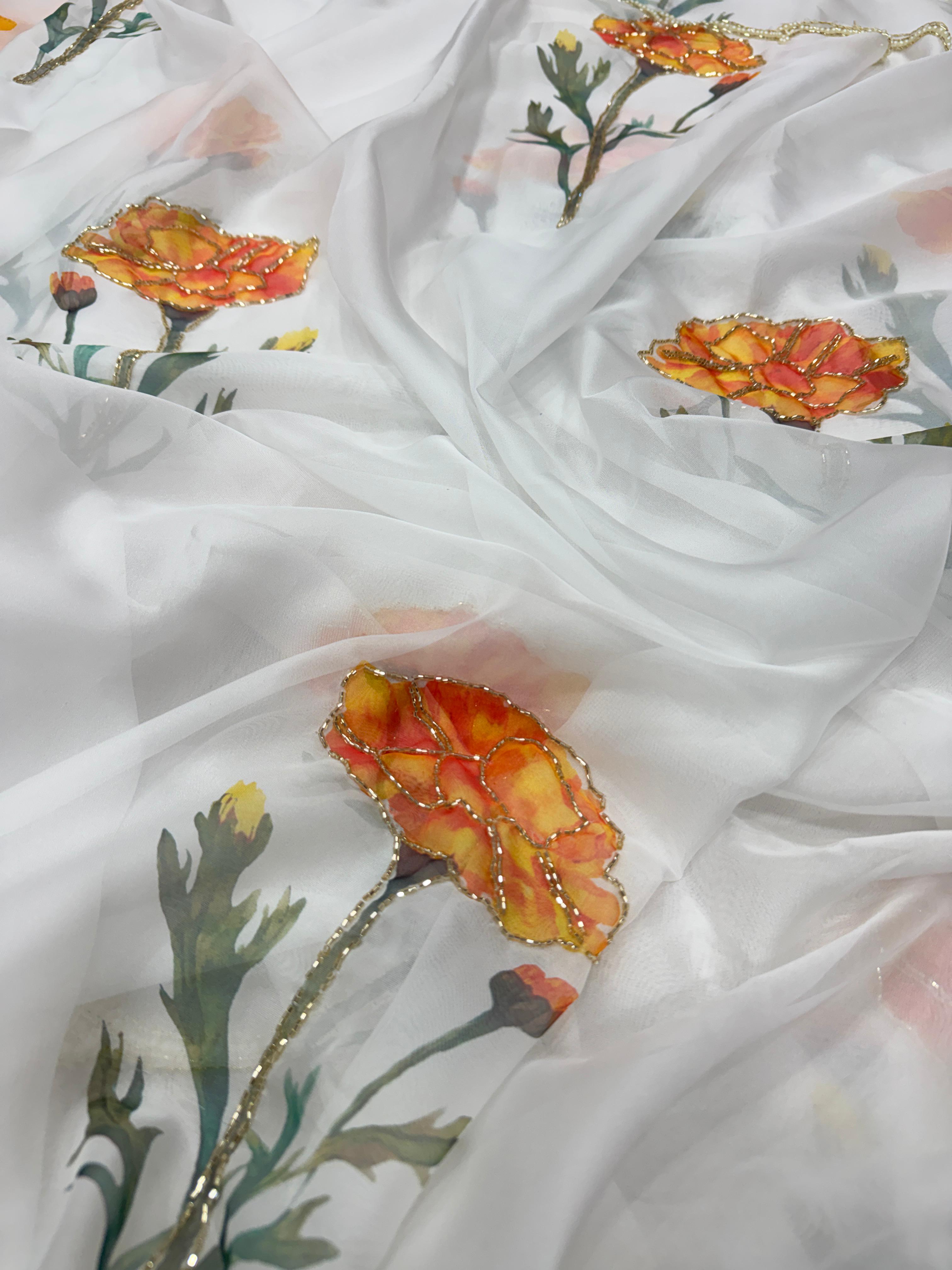 ✨ Elegant Soft Tebby Silk Floral Saree with Beads & Katdana Handwork ✨