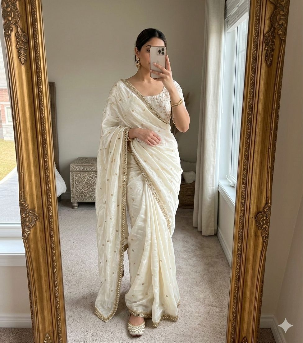 ✨ Premium Space Satin Multi Sequence Fully Worked Saree with Mirror Lace Border ✨