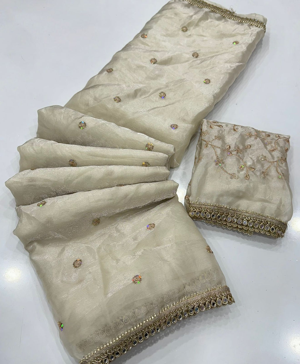 ✨ Premium Space Satin Multi Sequence Fully Worked Saree with Mirror Lace Border ✨