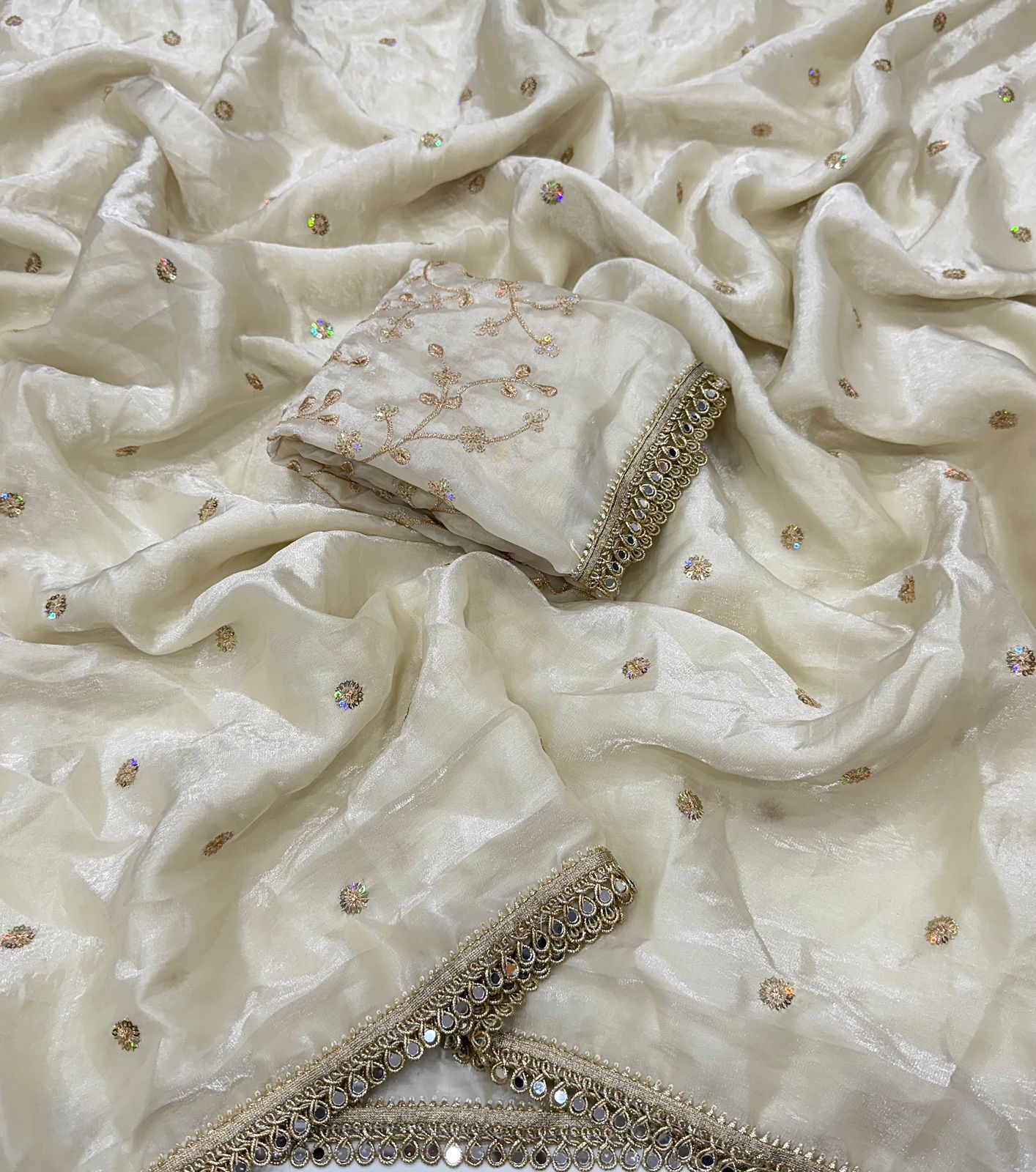 ✨ Premium Space Satin Multi Sequence Fully Worked Saree with Mirror Lace Border ✨