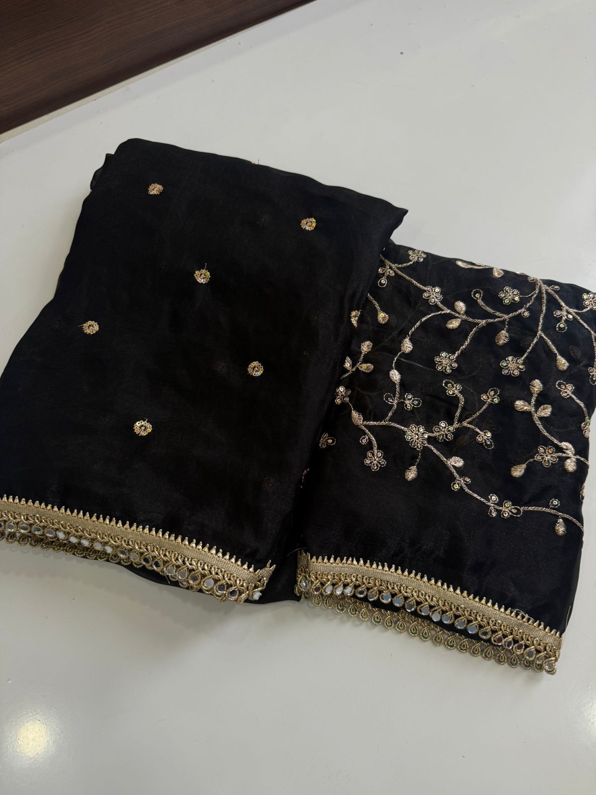 ✨ Premium Space Satin Multi Sequence Fully Worked Saree with Mirror Lace Border ✨