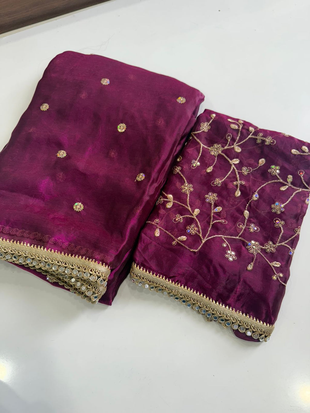 ✨ Premium Space Satin Multi Sequence Fully Worked Saree with Mirror Lace Border ✨