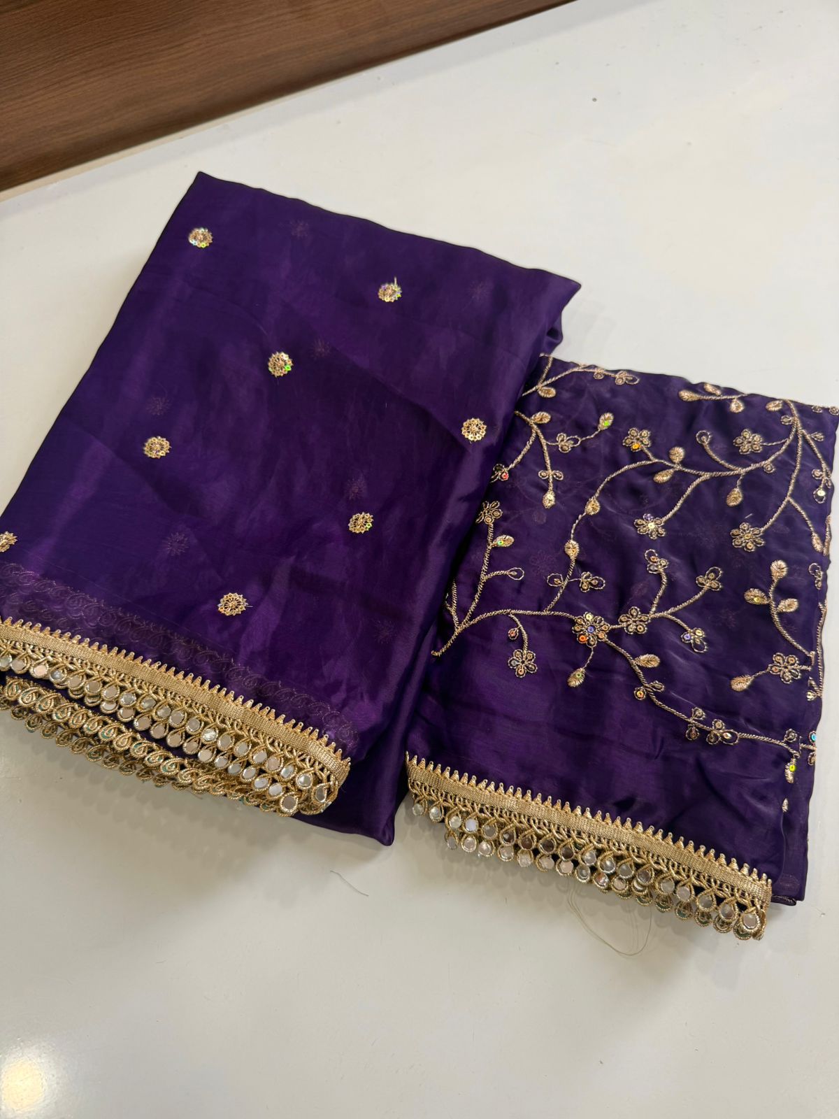 ✨ Premium Space Satin Multi Sequence Fully Worked Saree with Mirror Lace Border ✨