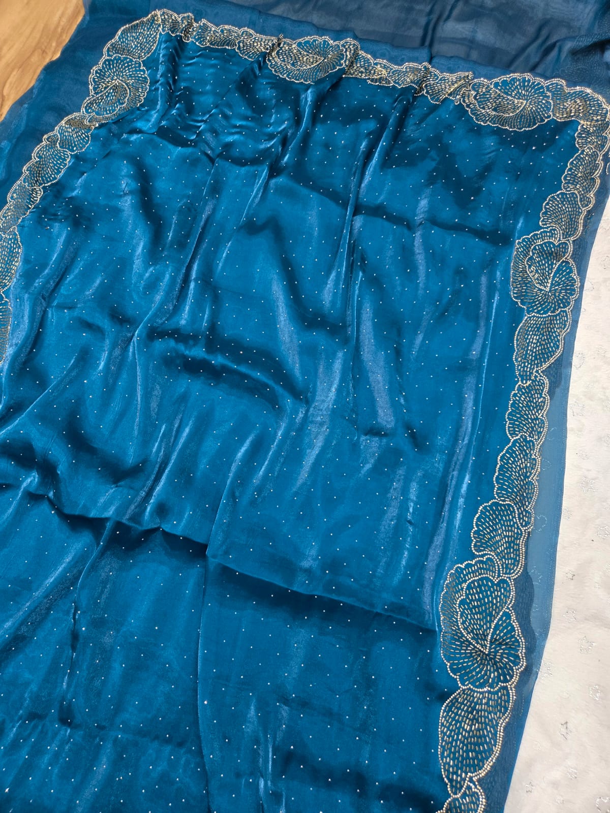 Latest Partywear Space Silk Jarkhan Heavy Diamond Work Fancy Designer Saree With Blouse