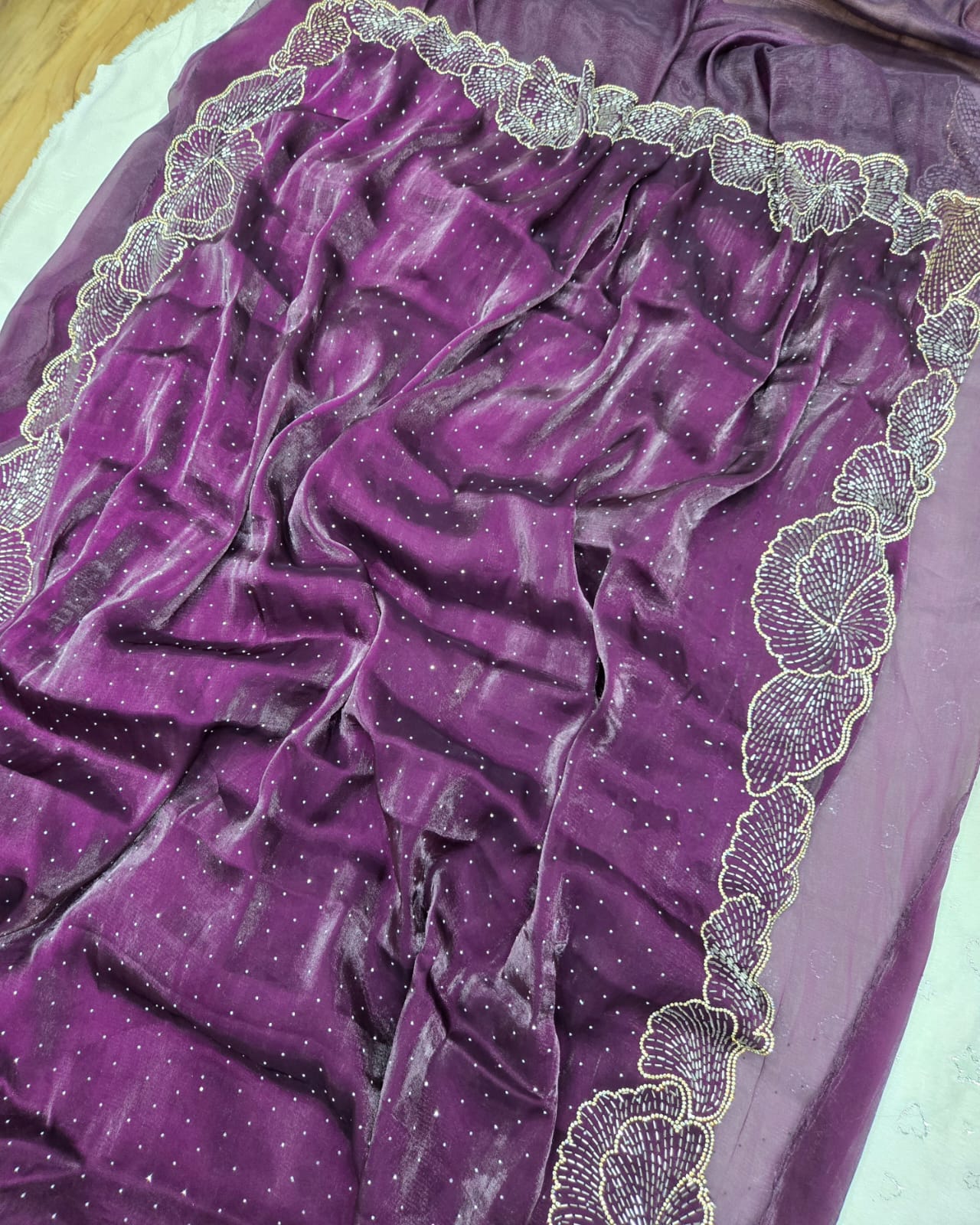 Latest Partywear Space Silk Jarkhan Heavy Diamond Work Fancy Designer Saree With Blouse