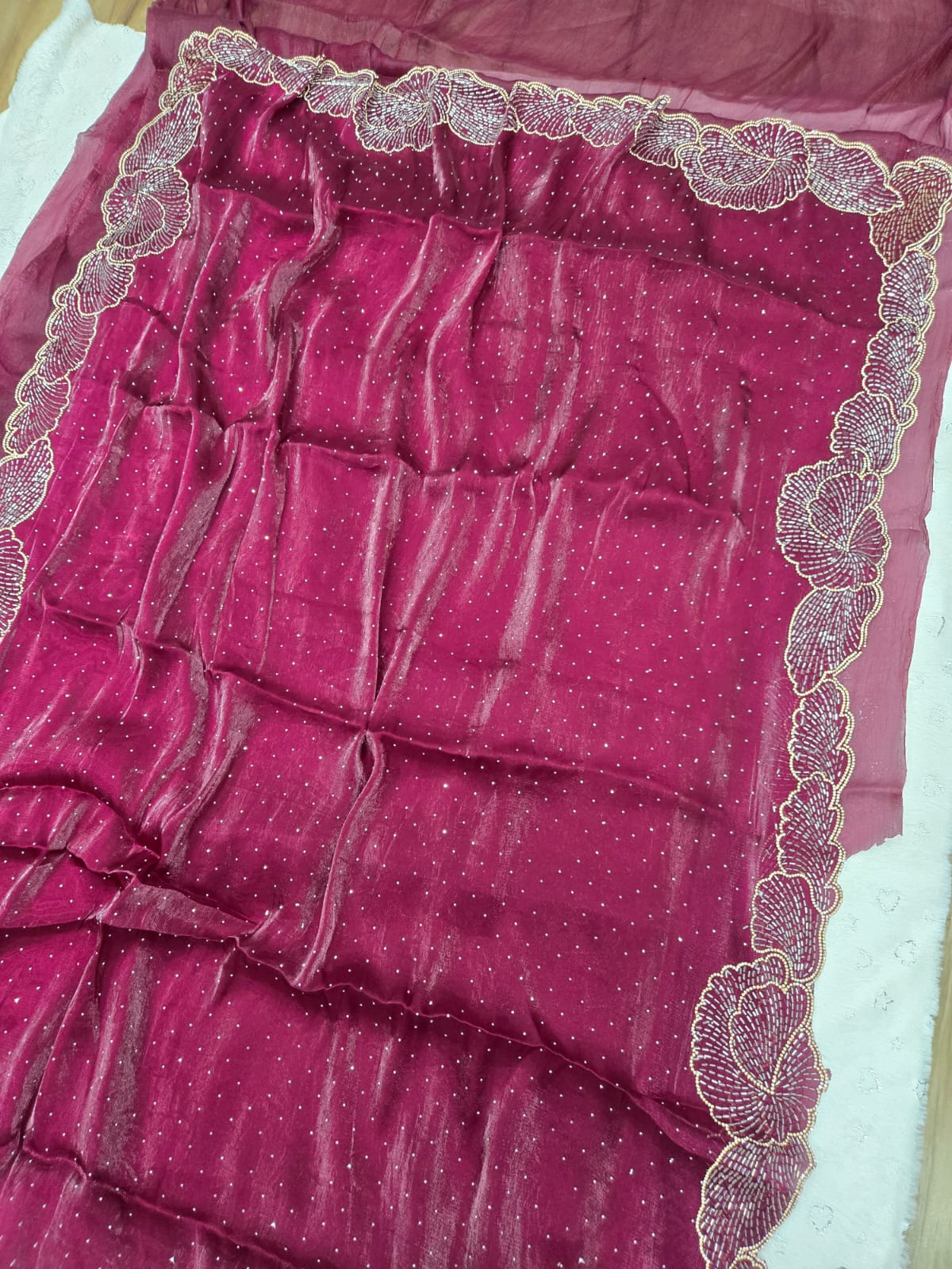 Latest Partywear Space Silk Jarkhan Heavy Diamond Work Fancy Designer Saree With Blouse