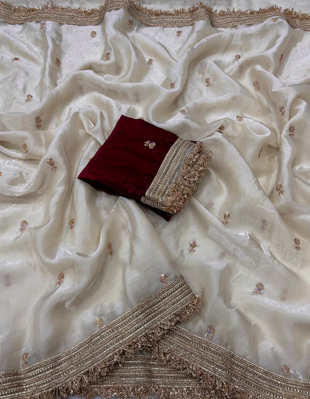 ✨ Premium Fandy Satin Designer Saree with Sequence Butti Work & Elegant Lace Border ✨