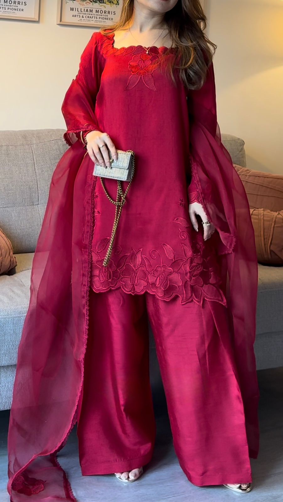 ✨ Elegant Roman Fabric Designer Top-Plazo Set with Organza Dupatta ✨