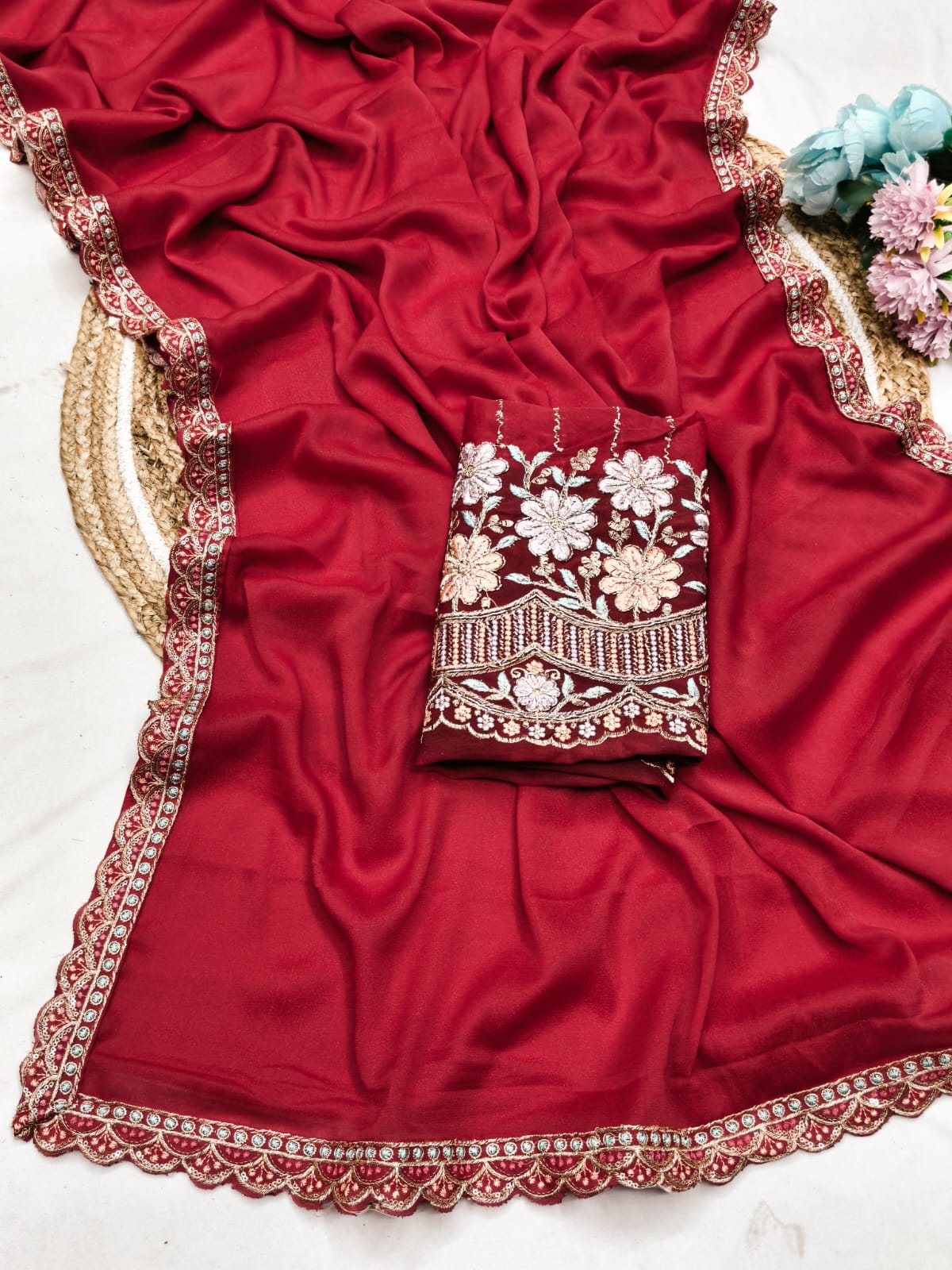 Designer Star Georgette Saree with Heavy Hand Work Blouse & Lace Border ✨