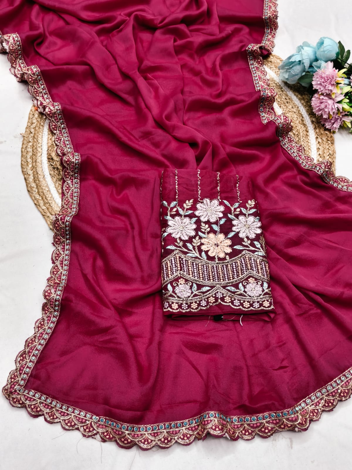 Designer Star Georgette Saree with Heavy Hand Work Blouse & Lace Border ✨