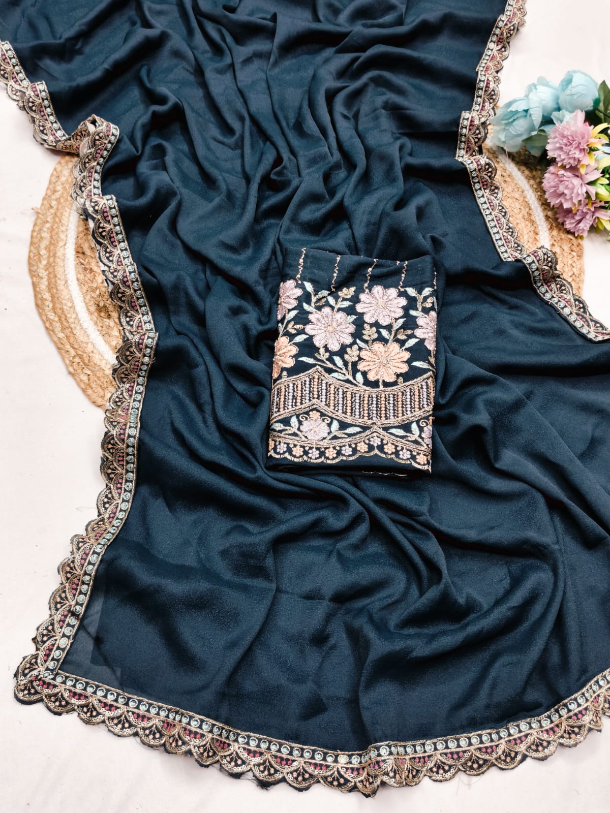 Designer Star Georgette Saree with Heavy Hand Work Blouse & Lace Border ✨