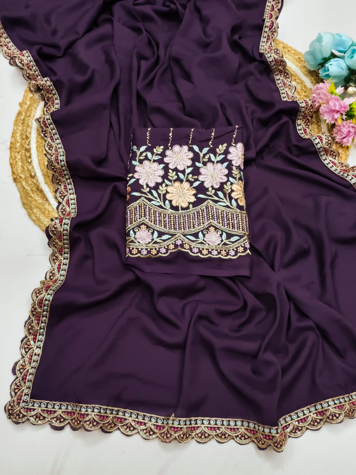 Designer Star Georgette Saree with Heavy Hand Work Blouse & Lace Border ✨